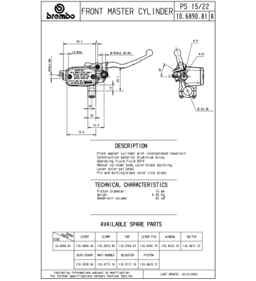 BREMBO PS15 Brake Master Cylinder with tank